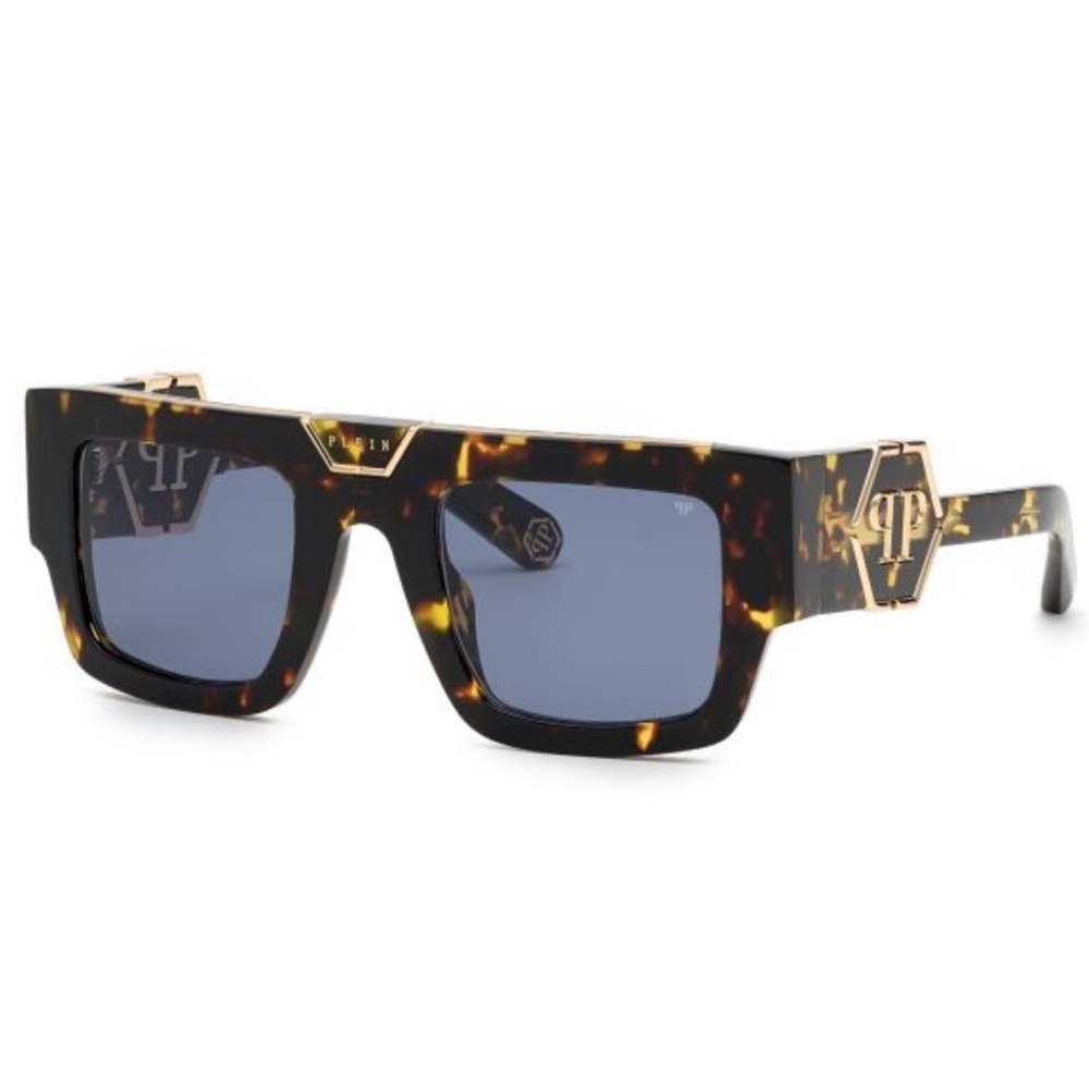 Tortoiseshell Square Sunglasses with Gold Logo Accents - Blue Lenses
